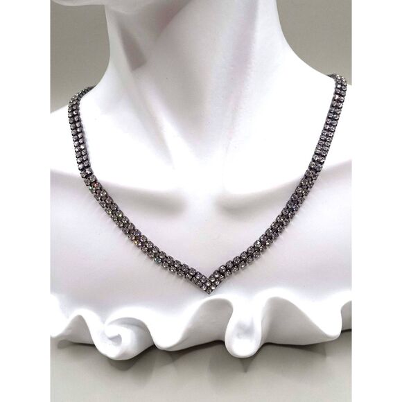 Vintage Diamante Crystal Necklace, Vintage Crystal Two Strand Chevron Necklace - Picture 1 of 6